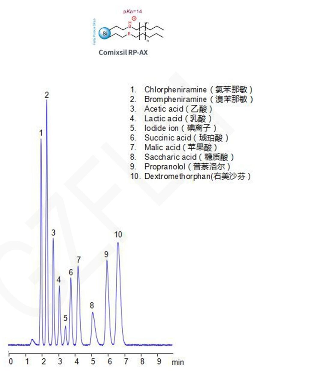 四種堿性藥物和六種酸性抗衡離子的HPLC分析圖譜 四種堿性藥物和六種酸性抗衡離子的HPLC分析圖譜